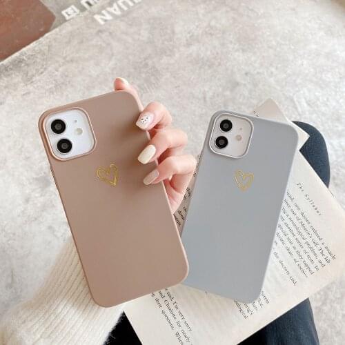 Simple Gold Love Heart Phone Case For iPhone 12 Mini 11 Pro Max XS XR X 7 8 6 Plus SE2020 Solid Color Shockproof Soft Back Cover