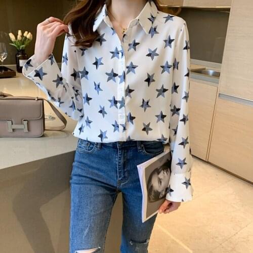Chikichi 2021 Autumn Korean Fashion Lapel Casual Loose Chiffon Blouse Cardigan Long Sleeve Five-pointed Star Print Shirt Women