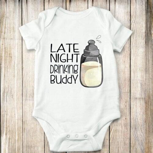 DERMSPE Newborn Baby Boy Girl Short Sleeve Letter Print Late Night Drinking Buddy Cotton Romper Outfits Summer Baby Clothes