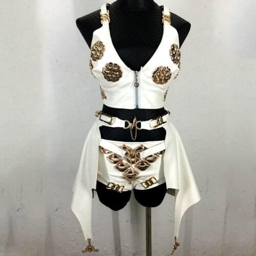 European American Clothing Sexy Outfit For Women Singer White PU Leather 3-Piece Suit Nightclub DJ Pole Dance Top Shorts VDB2431