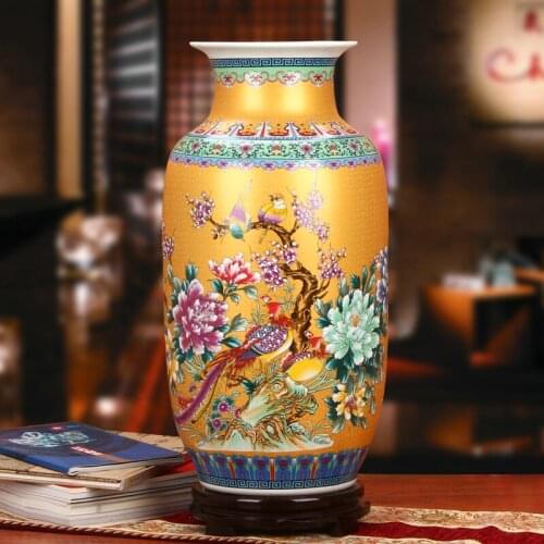 Jingdezhen Ceramics Antique Enamel Gold Peony Phoenix Flower And Bird Vase Modern Fashion floor large porcelain ceramic vase