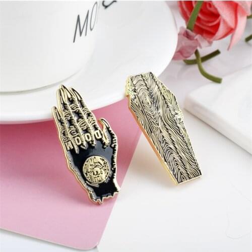 Creative Hands of doom Satan sees all Coffin Goth Brooches Enamel Hat Backpack Jacket Lapel Pins Badge Jewelry Gifts