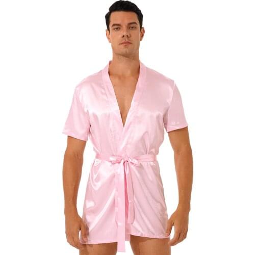 Men Sissy Satin Lace Kimono Night-Robe Nightwear See-Through Floral Patchwork Back Sleepwear With Belt Bathrobe Home Wear