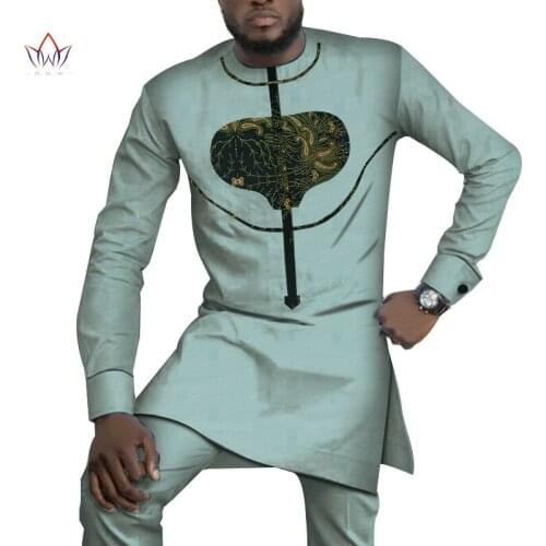 Stock Size Low Price Men 2 Pieces Pants Sets African Clothes Casual Men Jacquard Pattern Patchwork Top Shirt and Pant WYN767