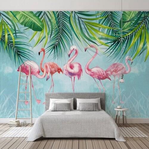 Custom Mural Papel De Parede 3D Hand Painted Green Leaves Flamingo Wall Painting Bedroom Living Room Background Wallpaper Murals