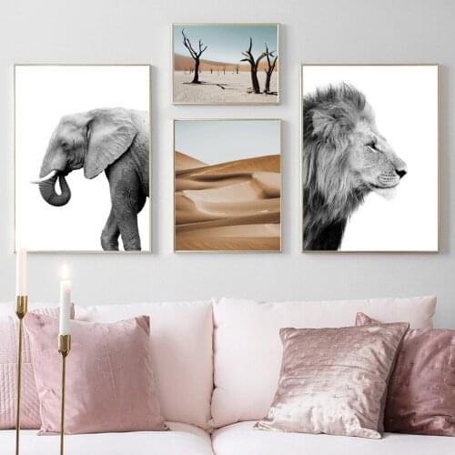 Wild Animals Elephant Lion Desert Tree Wall Art Canvas Painting Nordic Posters And Prints Wall Pictures For Living Room Decor
