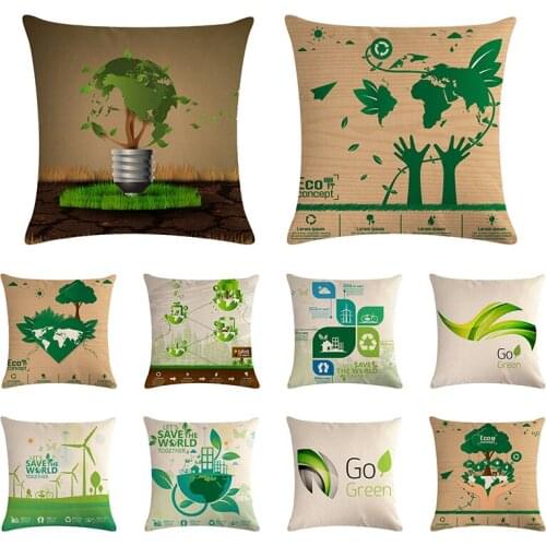 Pillow Cover 18"x18" Greenery Save The World Together Go Green Eco Concept Travel Journey Burlap Cushion Cover Shell ZY1289