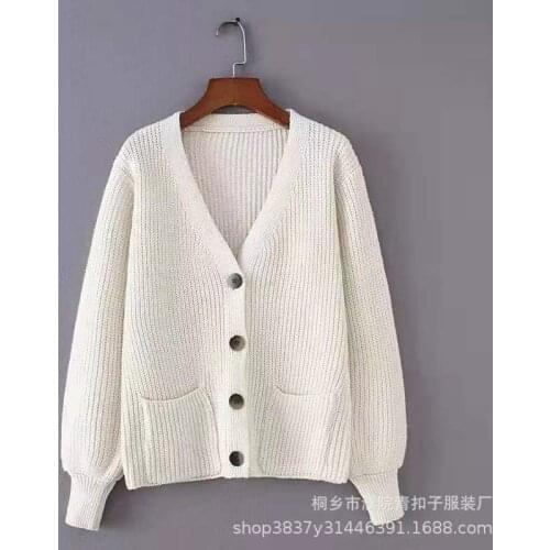 Single Breasted V-neck Lantern Sleeve Loose Sweater Cardigan Women Spring Autumn Knitted Short Coat Women Cardigan Largo Mujer