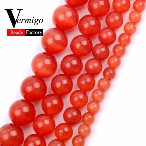 Wholesale Natural Stone Red Cat Eye Smooht Round Ball Loose Beads For Jewelry Making 6 8 10 12mm Pick Size Diy Bracelet 15"