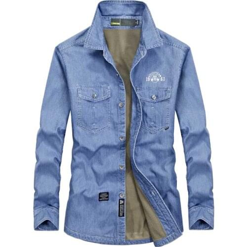 Autumn Winter Fleece Jeans Shirt Mens Long Sleeve Shirt Fashion Clothing Denim Shirt Plus SIze 4XLOUTWEAR Coat Blue
