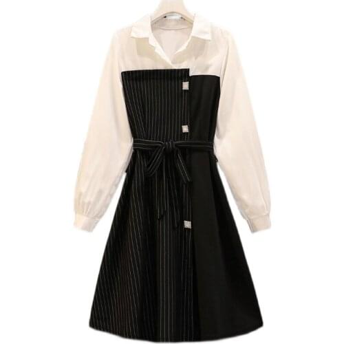 Fashion 2021Womens Spring Dress New Black Fake Two-piece Dress Female Slim Temperament Retro Dress Long Sleeves Oversize L-5XL