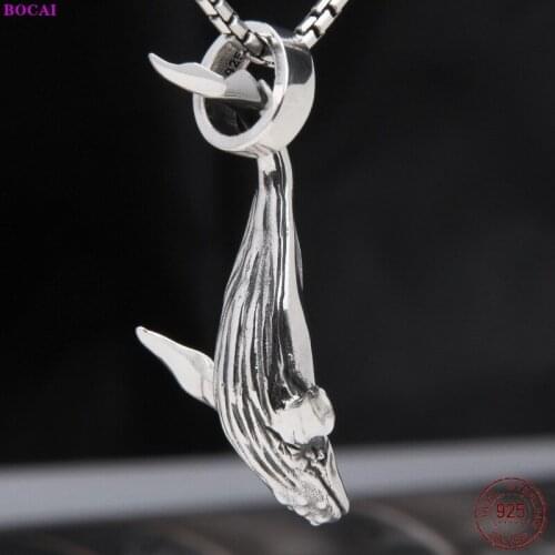 BOCAI 100% 925 Sterling Silver Charm Pendants Retro Whale Personality Hanging Dangler Pure Argentum Womens Men Fashion Jewelry