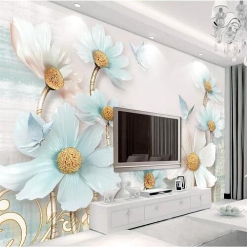 Wellyu Custom wallpaper 3D murals embossed jewelry chrysanthemum fresh retro TV background wall living room bedroom wallpaper