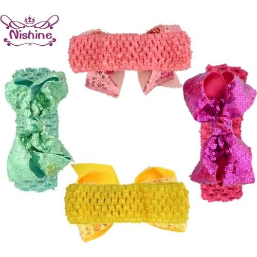 Nishine 16 Colors 8*12 CM Crochet Weave Elastic Hairband Fashion Handmade Sequins Bowknot Headband Shining Baby Girls Headwear