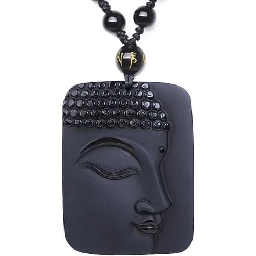 Drop Ship Obsidian Buddha Necklace Jade Pendant Side Face Buddha Lucky Pendant With Beads Chain Jade Jewelry