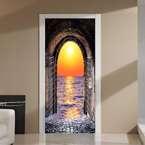 PVC Door Sticker 3D Sunset Seaside Landscape Wallpaper Modern 3D Space Tunnel Murals PVC Self-Adhesive Waterproof Door Decor 3 D