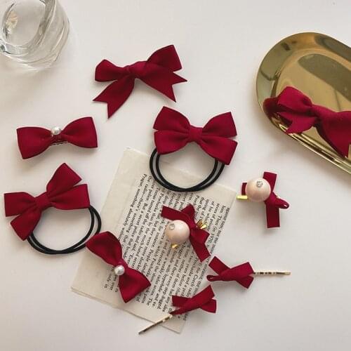 2021 New Children Cute Red Tie Bow Pearl Ornament Hair Clips Girls Lovely Scrucnhies Rubber Bands Kids Hairpins Hair Accessories