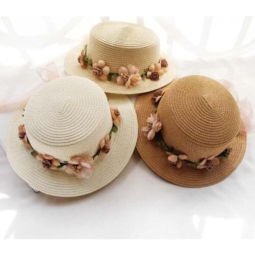 New Parent-child Summer New Sun Hats For Women Bucket cap beige lace Bowknot Flowers Ribbon Flat top Straw Hat Beach Caps Panama