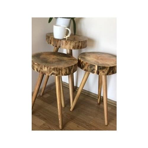 Modern lux Brown 3'lü Round Natural Wood Log Zigon Coffee table coffe table