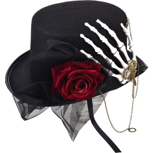 Steampunk Vintage Women Fedora Gothic Punk Style Rose Lace Skeleton Hand Top Hat Gothic Party Hats Accessory