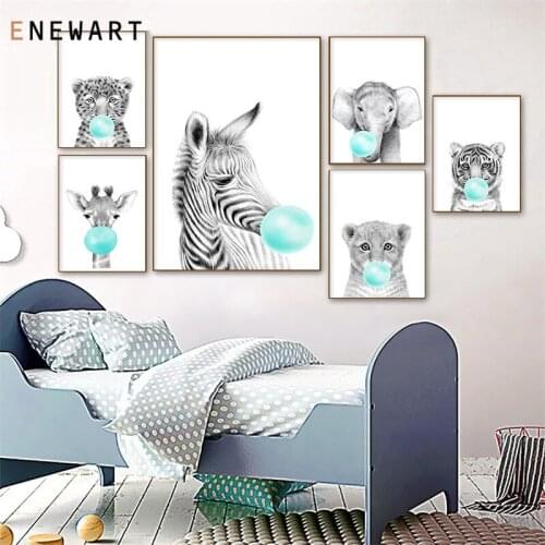 Green Bubble Elephant Giraffe Child Poster Animal Wall Art Canvas Nursery Print Painting Nordic Kid Baby Room Decoration Picture