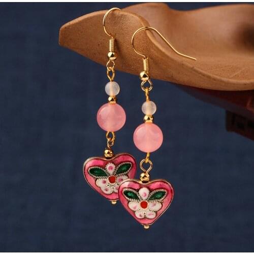 MYWINY nature stones dangle ethnic long earrings , vintage cloisonne earrings fashion pink jewelry for women