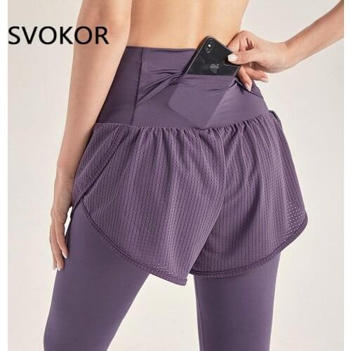 SVOKOR Sport Leggings Women Pocket Fake Two Piece Fitness Legging Workout High Waist Sexy Activewear Femme Gym Pants Elastic