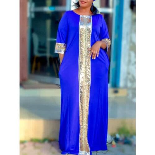 Women Long Dresses Loose Celebrate Occasion O Neck Patchwork Sequined Maxi African Female Event Robes Kaftan with Pockets New