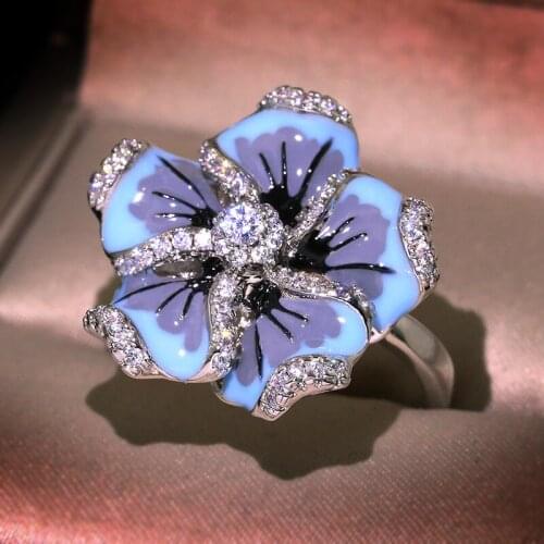 Milangirl High quality Jewelry For Woman Gorgeous Blue Flower Ring Fashion Trendy Jewelry HANDMADE Enamel ring