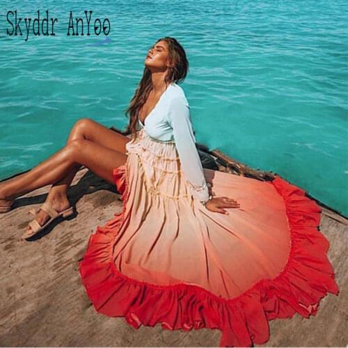 2019 Women Summer Boho Maxi Dress Rainbow Gradient Color Full Sleeve Elegant Beach Dress Button Cardigan Loose Casual Vestidos