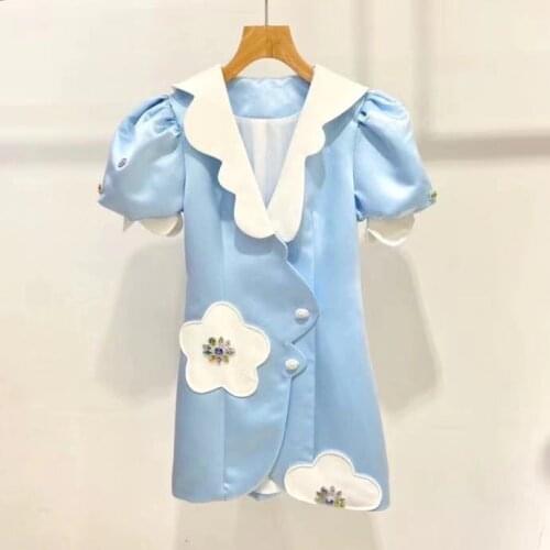 2021 Summer Fashion Runway Sexy Mini Dress Women V-Neck Short Puff Sleeve Diamonds Retro Dress