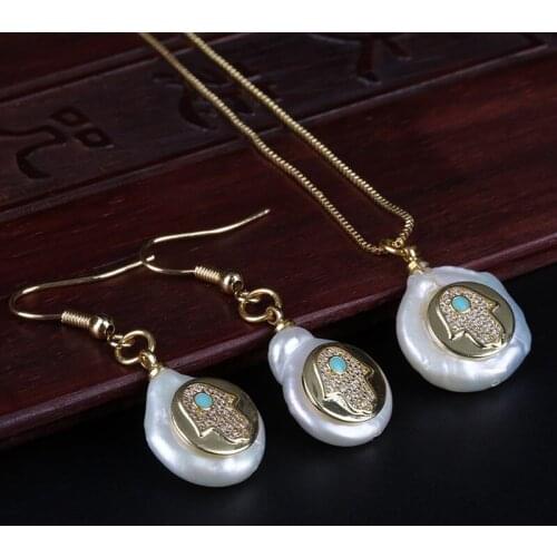 Gold White Cz Hamsa Fatimas Hand Protection Charm Beads Freshwater Pearl Women Drop Earring Choker Necklace Jewelry Set Gift