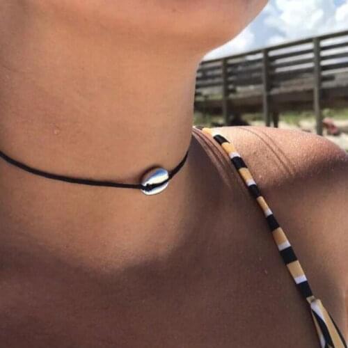 1 Pcs Women Vintage Hand Knitted Black Rope Leather Shell Clavicle Necklace Simple Beach Party Silver Color Short Necklace