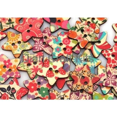 500pcs vintage wood wooden painted Star Buttons Floral Design Assortment 17mm little kawaii cabochon beads decoden supplies