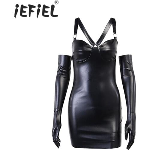 Black Women Skinny Wet Look Mini Dress with Long Gloves Punk Sleeveless Catsuit Exotic Sets Stretchy Clubwear for Lingerie Party