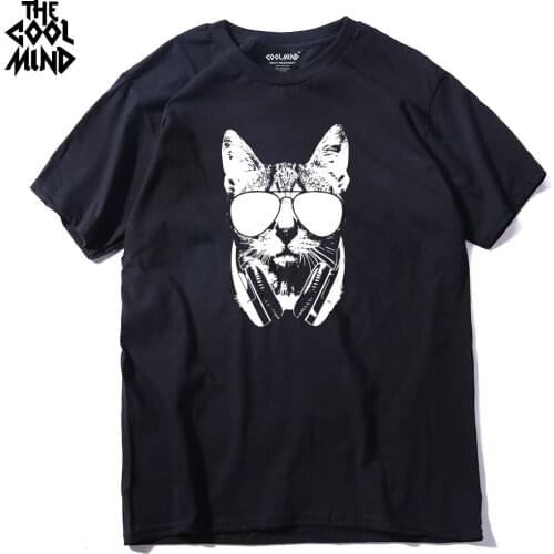COOLMIND CA0211A Cool casual music DJ cat printed men T shirt short sleeve o-neck mens t-shirt fashion cool tee shirt tops tees