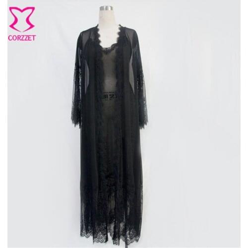 Corzzet Black Lace Transparent Tulle&Lace Full Sleeve Long Robe+Dress+Panty Sexy Lingerie Erotic Nightwear Dress