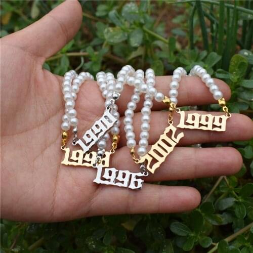 Gothic Birth Year Necklace Old English Number Necklaces Imitation Pearl Necklaces Choker ChainCollier Femme Elegant Party Gift
