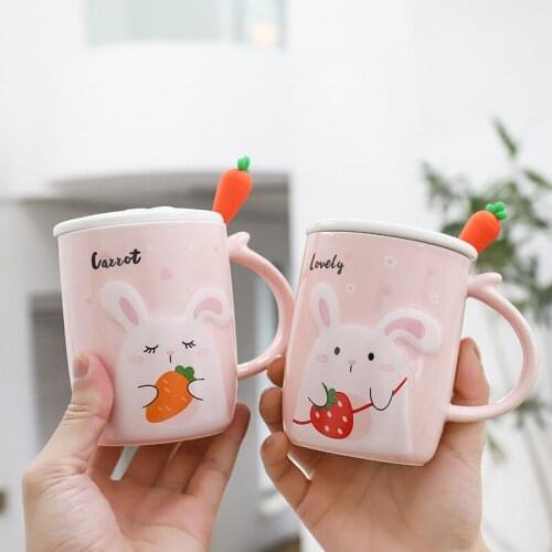 Cartoon carrot rabbit ceramic cup with lid metal spoon large capacity 400ml cup creative beverage coffee cup mug milk cup gift