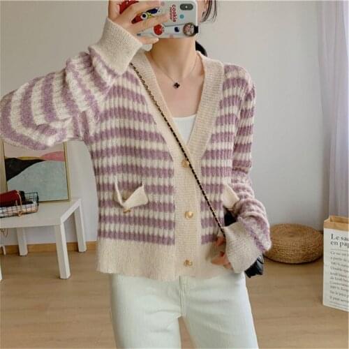 Korean stripe Short Sweater Cardigan Jacket Womens sweater Elegant Fleece Knitwear Tops Plus Size Vintage V-neck Knitted Coats