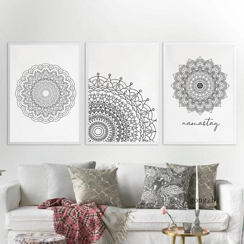 Mandala Abstract Black White Poster Namaste Quote Print Canvas Painting Yoga Wall Art Pictures Modern Living Room Bedroom Decor