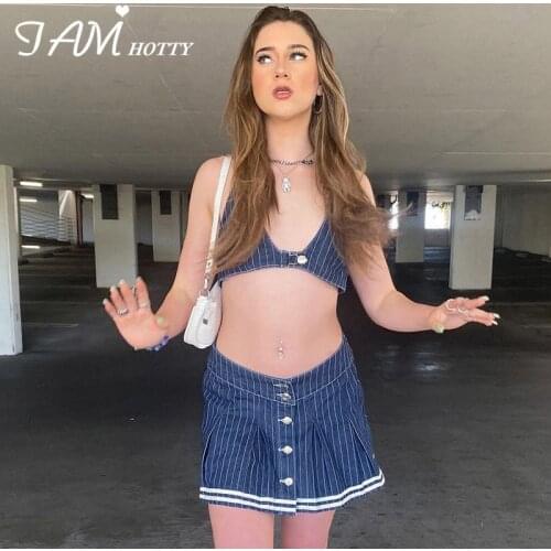 Kawaii Striped Pleated Mini Denim Skirt Women High-waisted A-line Ball Gown Skirts Lolita School Korean Jeans Skirt 90s Iamhotty