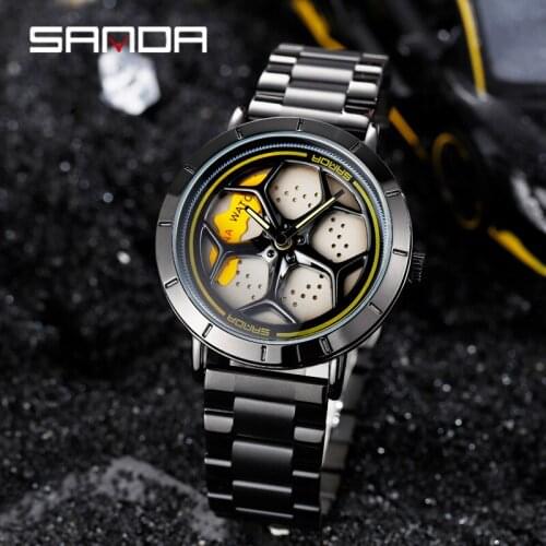 SANDA Mens Watches Top Brand Luxury Men Quartz Wristwatches Car Wheel Dial Stainless Steel Clock Watch for Men