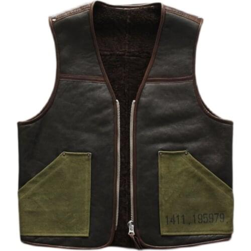 Mens Sheepskin Genuine Leather Vest Wool Lined B3 Real Leather Thick Fur Leather Sleeveless Jacket Winter Warm Waistcoat