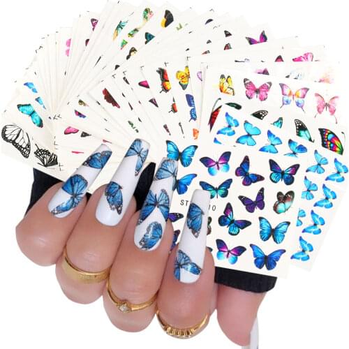 30pc/Set Blue Nail Stickers Butterflies Flowers Black Pink Slider for Nails Water Manicure Decals DIY Decoration GLSTZ982-1017-3