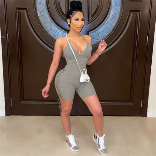 2021 New Style Women’s Sexy Backless Slim Fit Jumpsuit Ladies Fashion Solid Color Bandage Suspender Bottoming Romper