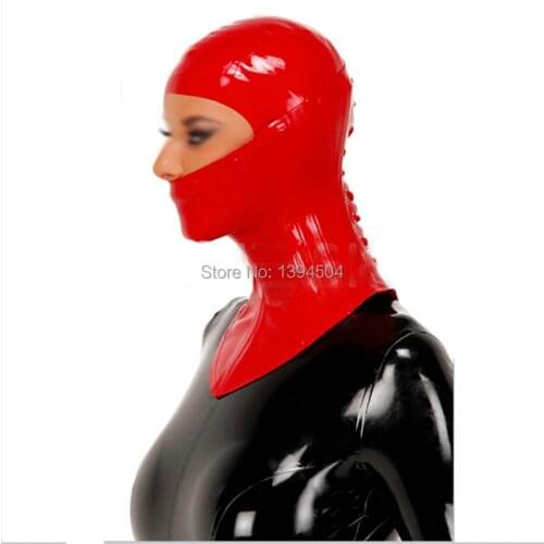 New design exotic Latex Sexy Lingerie Bodysuit Jew Style red back lacing Women Hoods Mask Hood Fetish uniform Plus Size