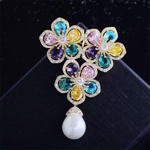 OKILY Delicate Colorful Zircon Flower Brooches for Women Romantic Pearl Brooch Pin Fashion Jewelry Accessories Scarf shawl Clip