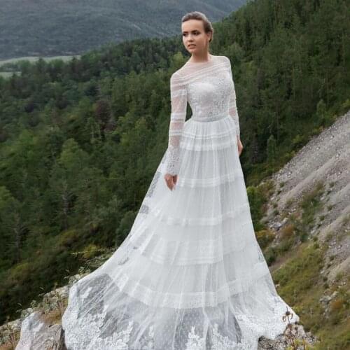 Muslim High Neck Long Sleeves Original France Lace Wedding Dress Snow Tulle Conservative Bridal Dress vestido longo branco