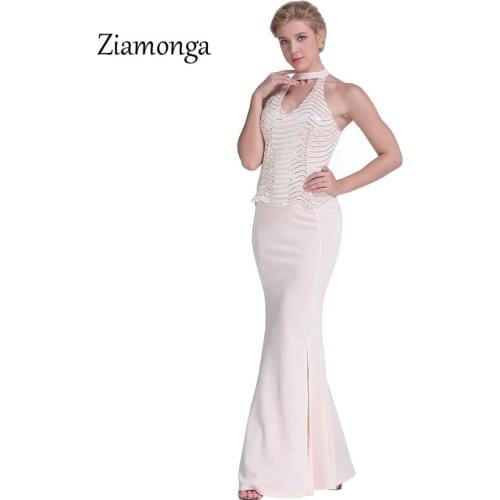 Ziamonga Runway Style Women Dress Sexy Sequin Evening Party Dresses Halter Sleeveless Backless Split Celebrity Prom Long Dress